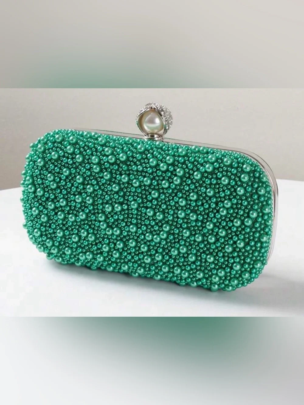 Pearl & Crystal Embellished Clutch - Gree